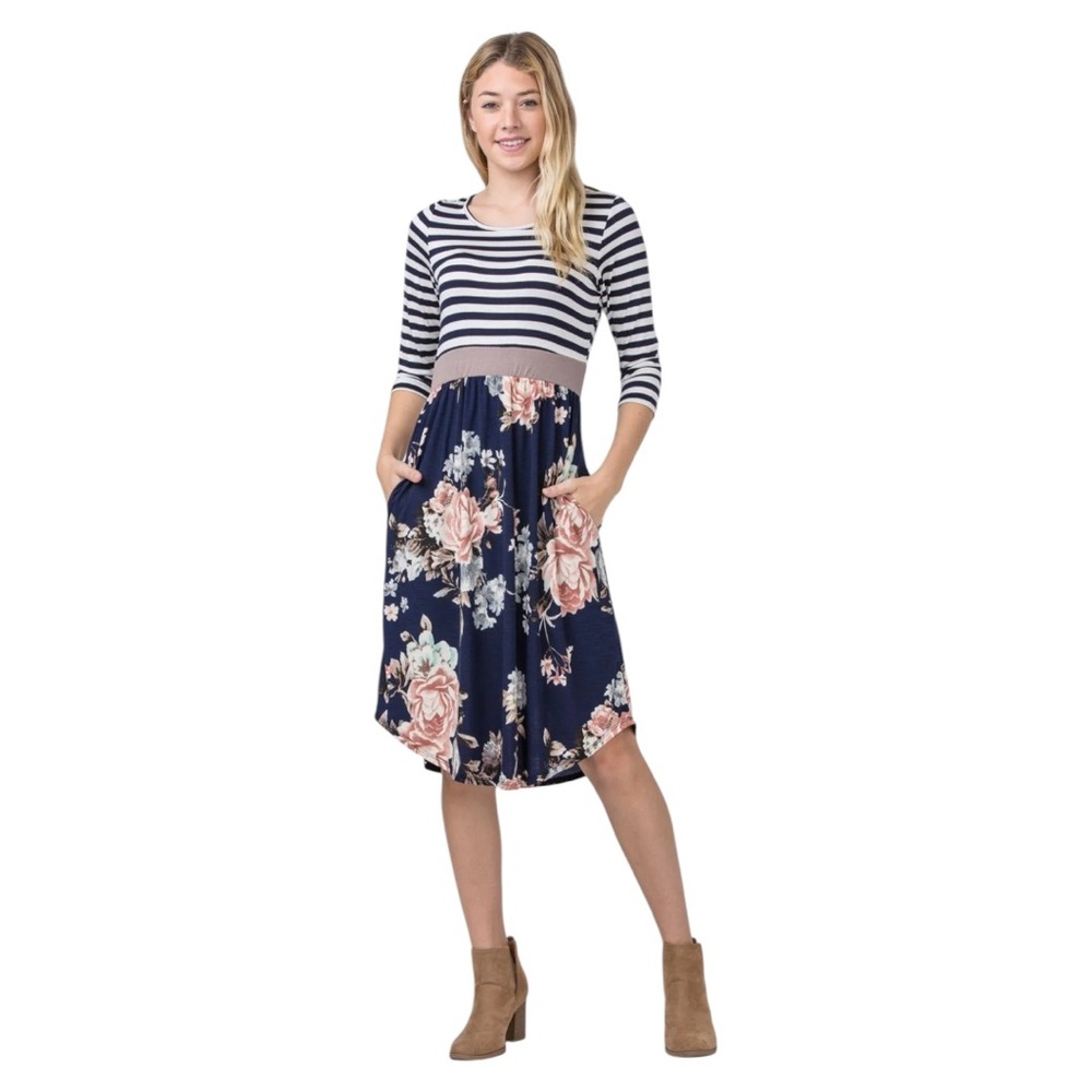 NEW EGS Eloges Striped Navy Floral Midi Dress with Mocha Band and pockets